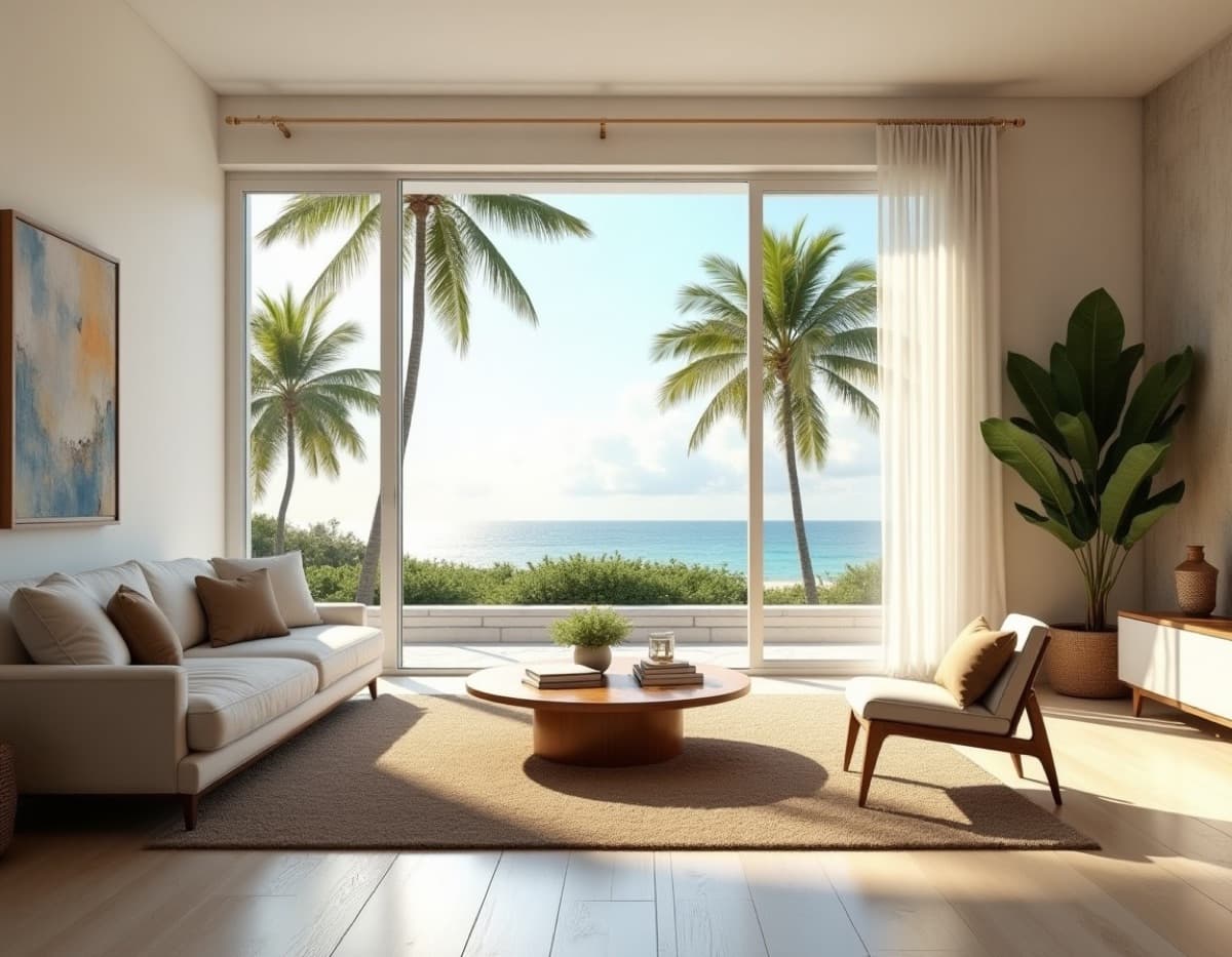 A bright, modern Florida living room with an ocean view