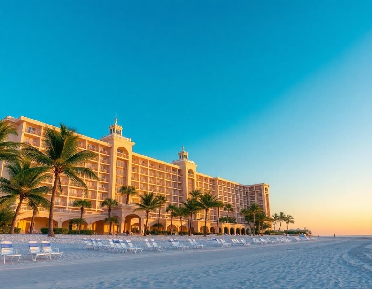 An upscale Florida beachfront resort hotel at golden hour